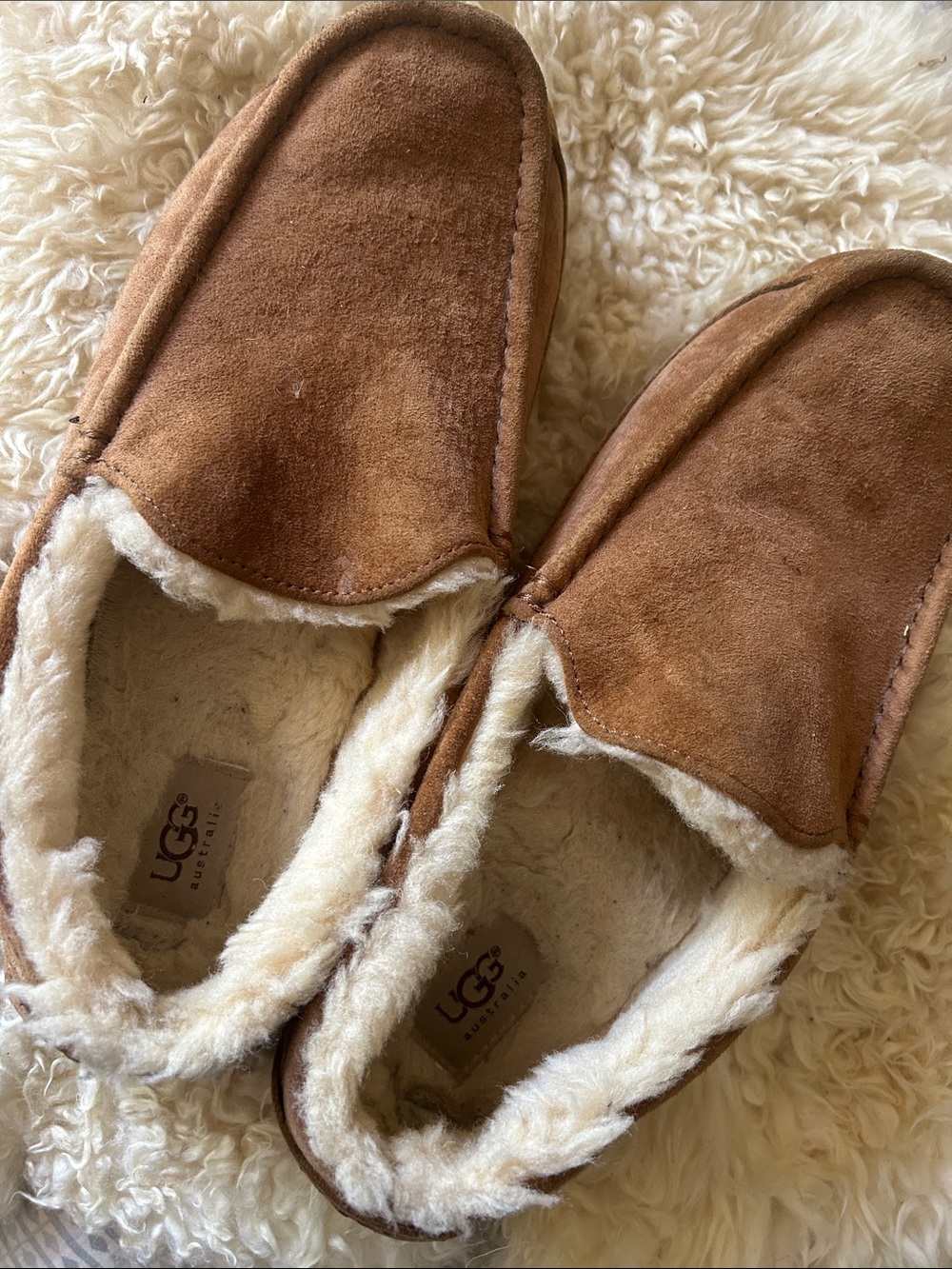 UGG Chestnut Brown Suede Shearling Moccasin Slippers